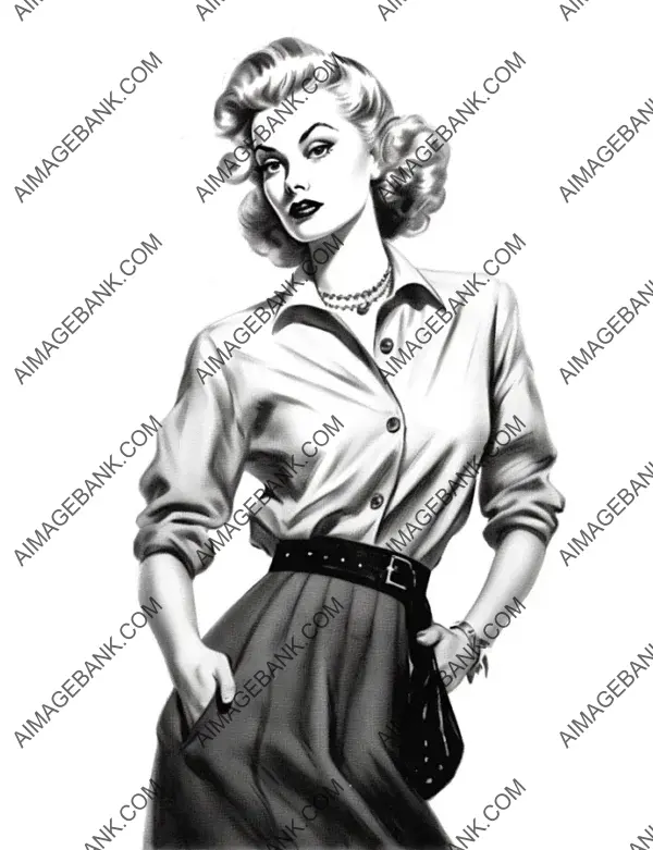 Vintage vibes come to life in this sketch of a fashion model showcasing 1950s clothing trends.