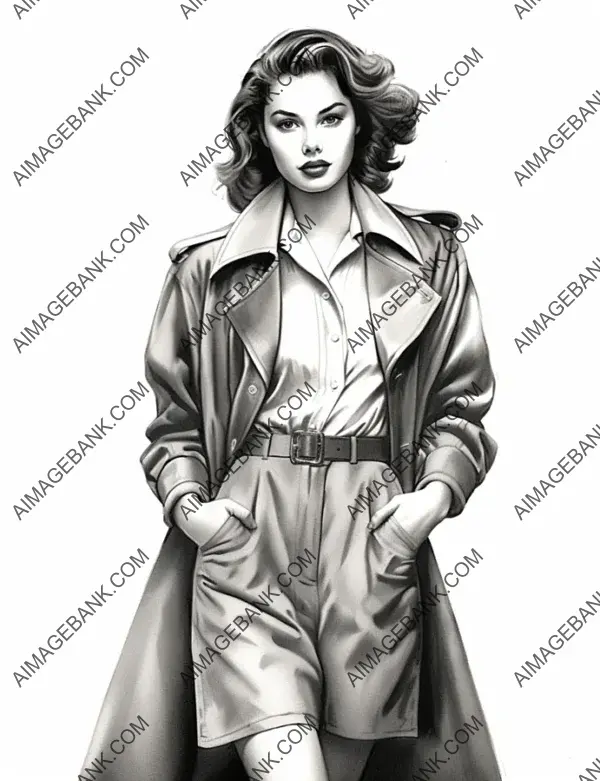 Artistic depiction of a fashion model in 1950s vintage style clothing, inviting coloring exploration.