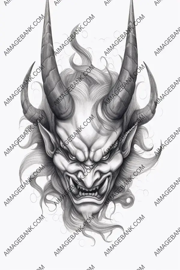 Pencil style drawing of a Japanese Hannya mask with flying hair.