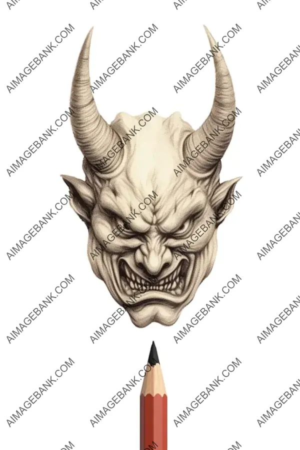 Artistic illustration of a Hannya mask with flowing hair in pencil style.