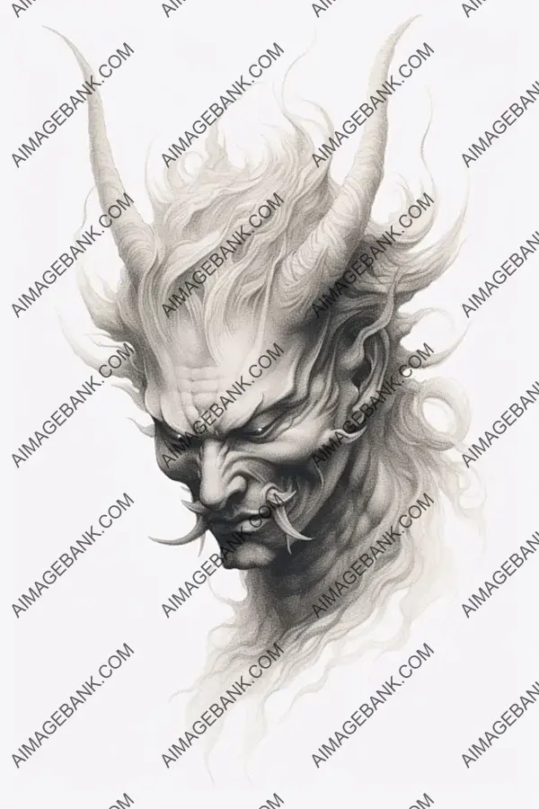 Pencil drawing featuring a Hannya mask with dynamic hair.