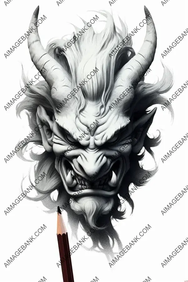 Illustration of a Hannya mask with hair in motion, drawn in pencil style.