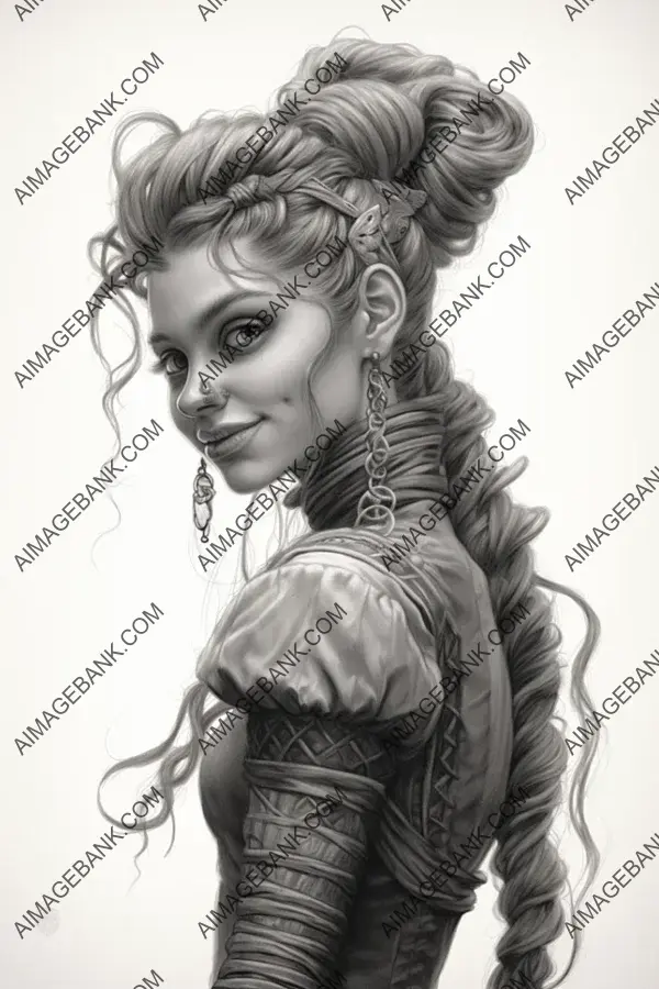 Depiction of a goblin woman adorned in distinctive clothing, rendered in graphite.