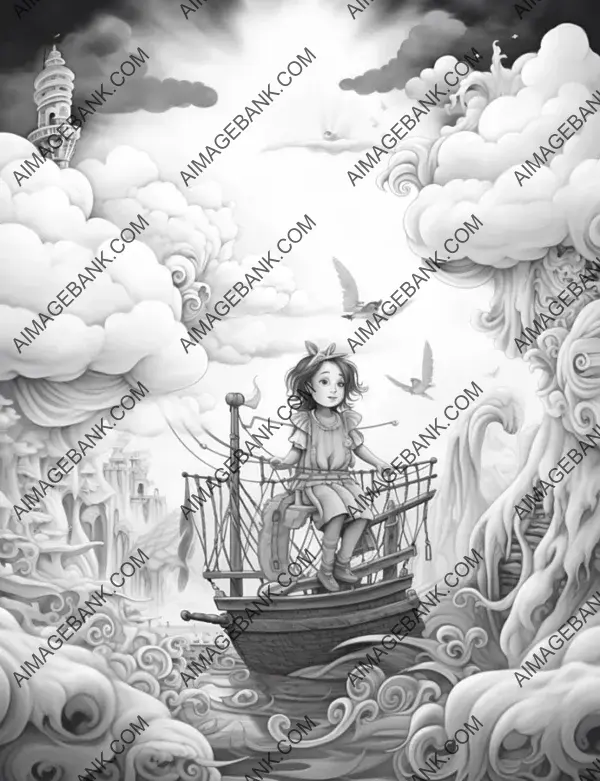 Whimsical light grayscale coloring page capturing the magic of a child&#8217;s dreams.