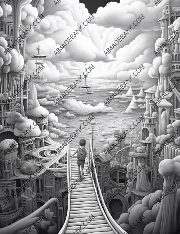 Imaginative light grayscale coloring page portraying a child&#8217;s dream world.