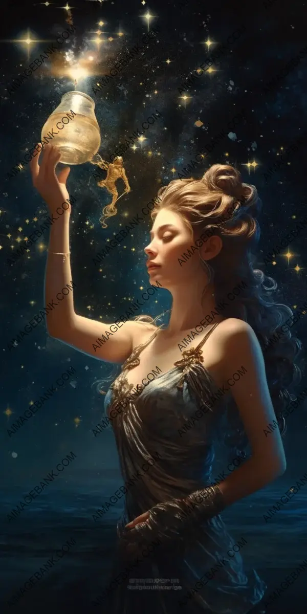 Mystical allure: Aquarius constellation and a girl amidst the starry sky.