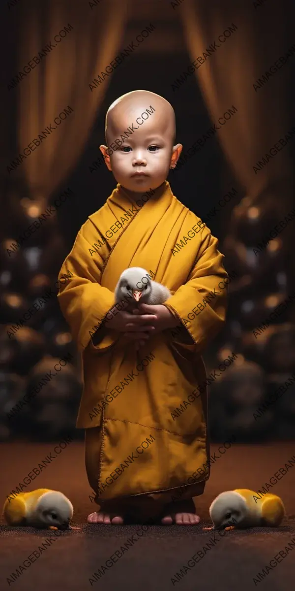 Gentle bonding: A trendy rubber monk connecting with a peaceful baby.