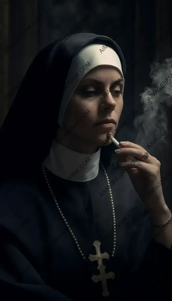 Revered elegance: A nun with a diamond necklace indulging in a role-play cigarrette.