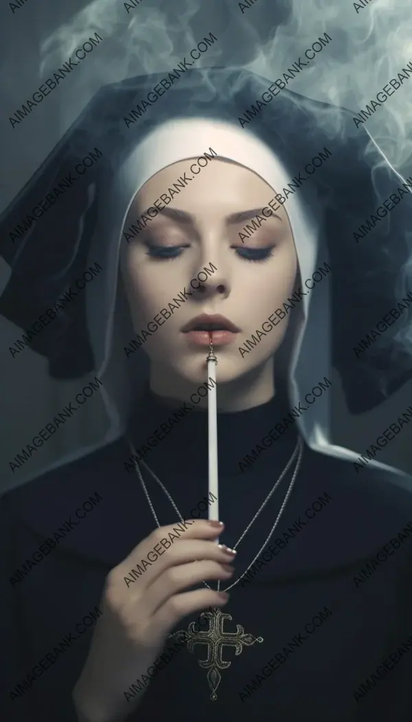 Intriguing contrast: A nun adorned with a diamond necklace and smoking a role-play cigarrette.