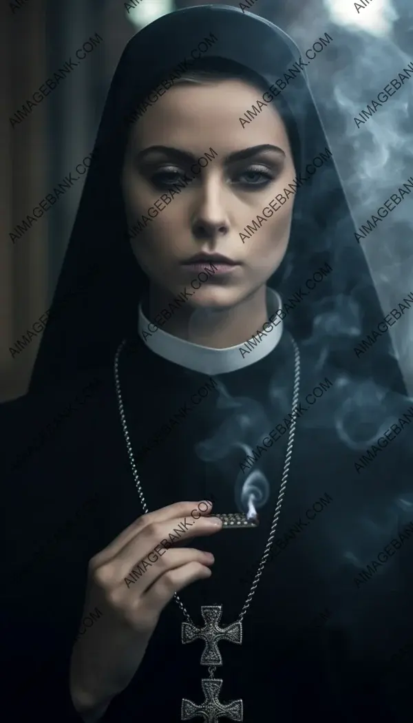 Unexpected allure: A nun donning a diamond necklace and enjoying a role-play cigarrette.