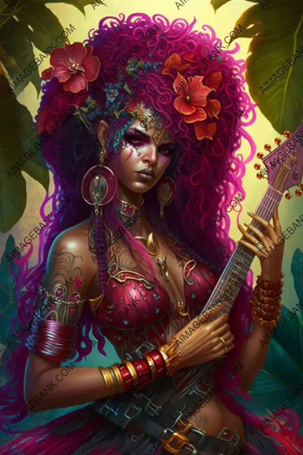 Exotic allure: A goddess queen immersed in tropicalpunk fantasy art.