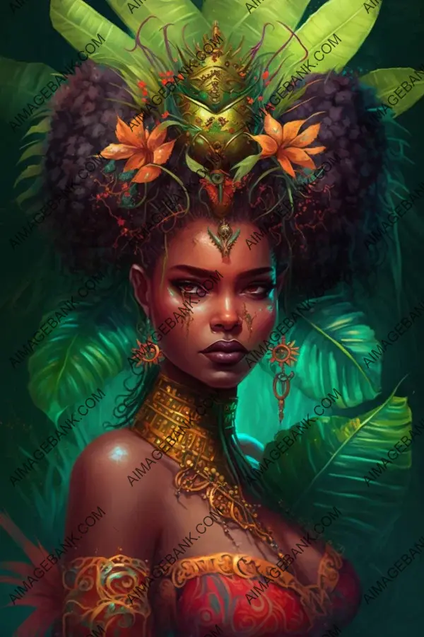 Vibrant majesty: A luscious tropicalpunk goddess depicted in fantasy art.