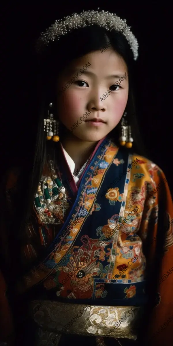 Captivating portrait of a Tibetan girl in traditional attire stargazing with a mesmerizing expression