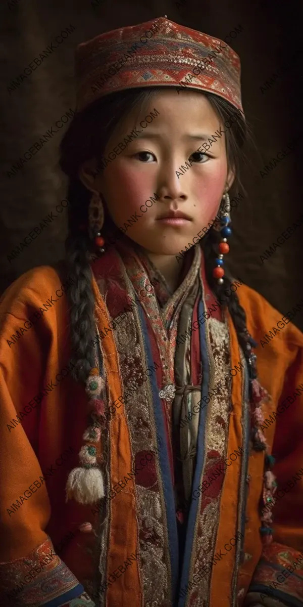 Portrayal of a Tibetan girl in traditional attire, gazing at the stars with an expression of wonder