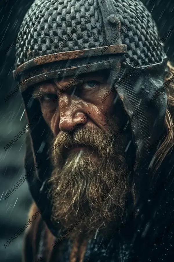 Striking representation of a Viking with a beard and helmet, captured in a captivating photoshoot style