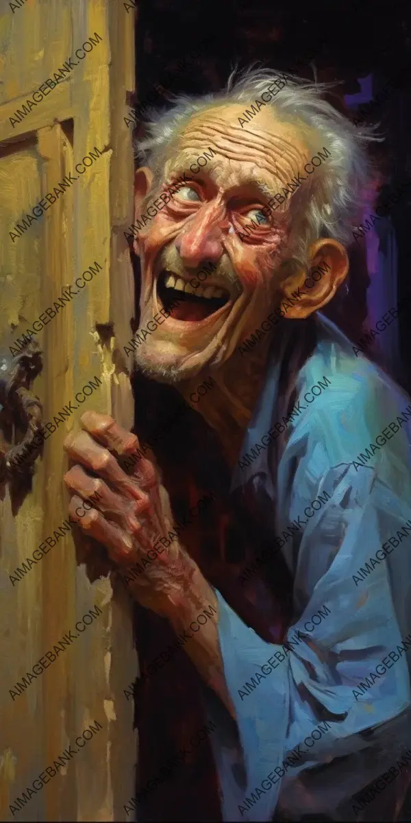 Sinister and malevolent smile of an angry old man playing peek-a-boo