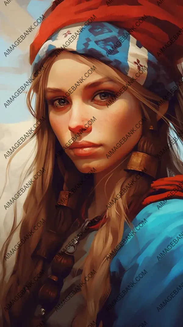 Captivating close-up showcasing the beauty of a blue-eyed Sami woman with long hair