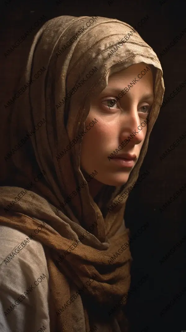 Timeless Elegance: A Woman with a Faded Brown Scarf Styled in Medieval Fashion