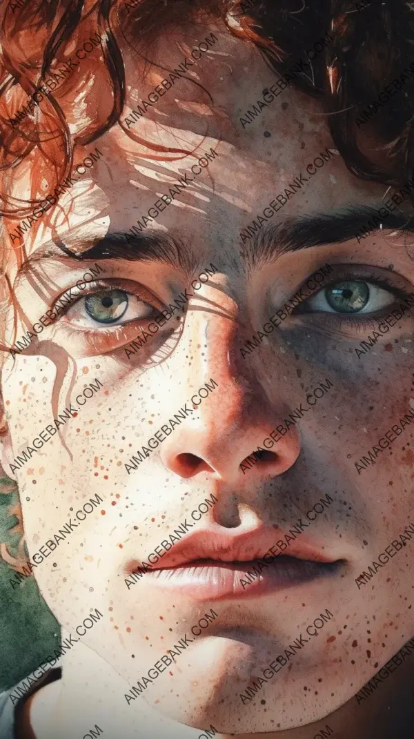 Extreme close-up painting of a beautiful face with freckles