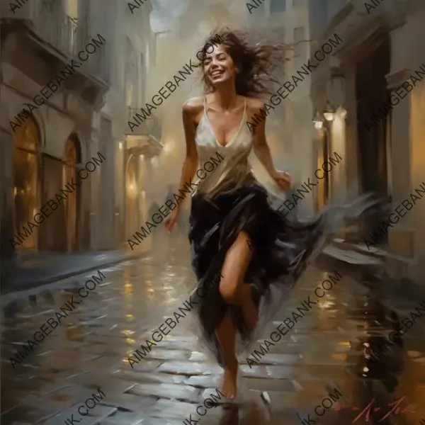 Lively bar scene showcasing a beautiful dark-haired woman laughing and running