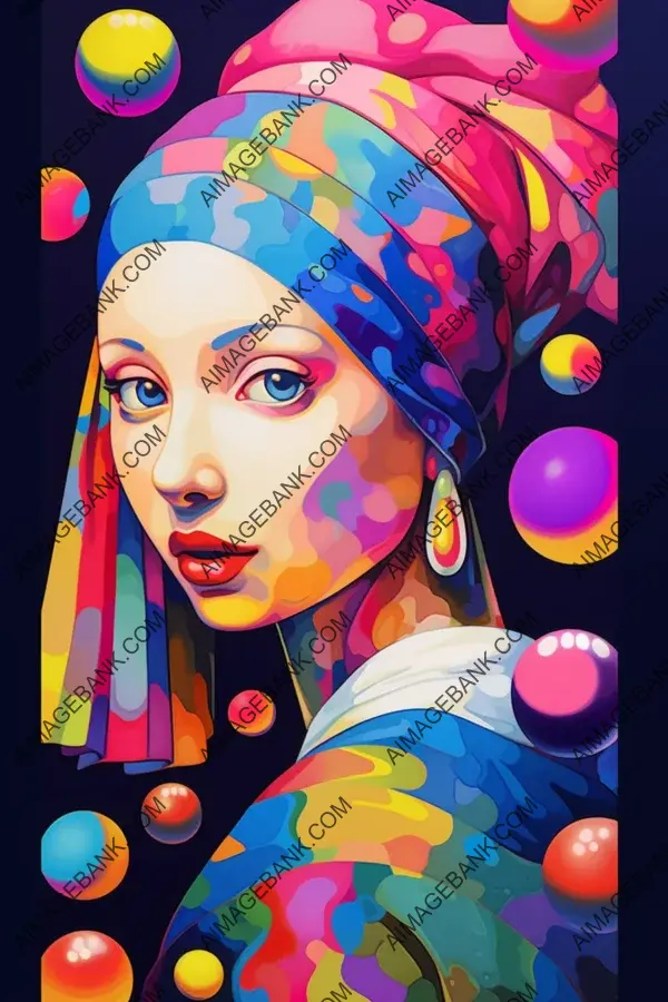 Artistic rendition of the Girl with a Pearl Earring in the unique and vibrant style of Lisa Frank