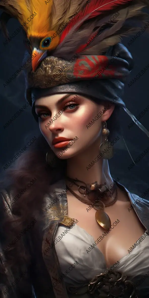 Hyper-realistic render capturing the essence of a pirate woman and her loyal band of adventurers