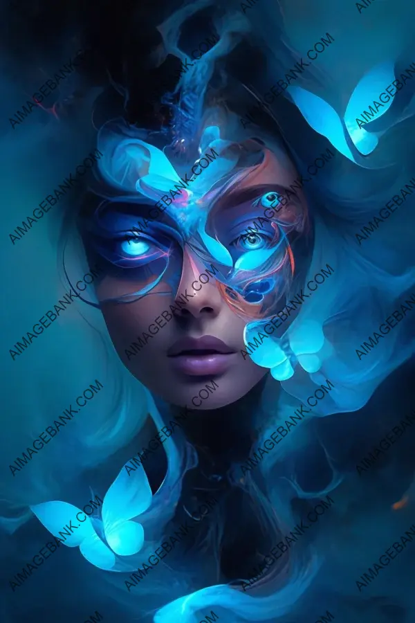 Captivating portrait of a woman with sapphire butterfly eyes, enveloped in flowing smoke