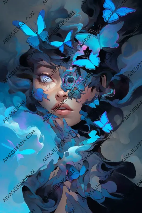 Enchanting portrait of a woman with sapphire butterfly eyes, surrounded by swirling smoke