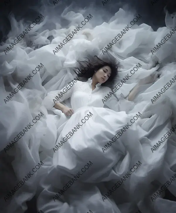 Dreamlike White Tossed Bed: Woman Laying