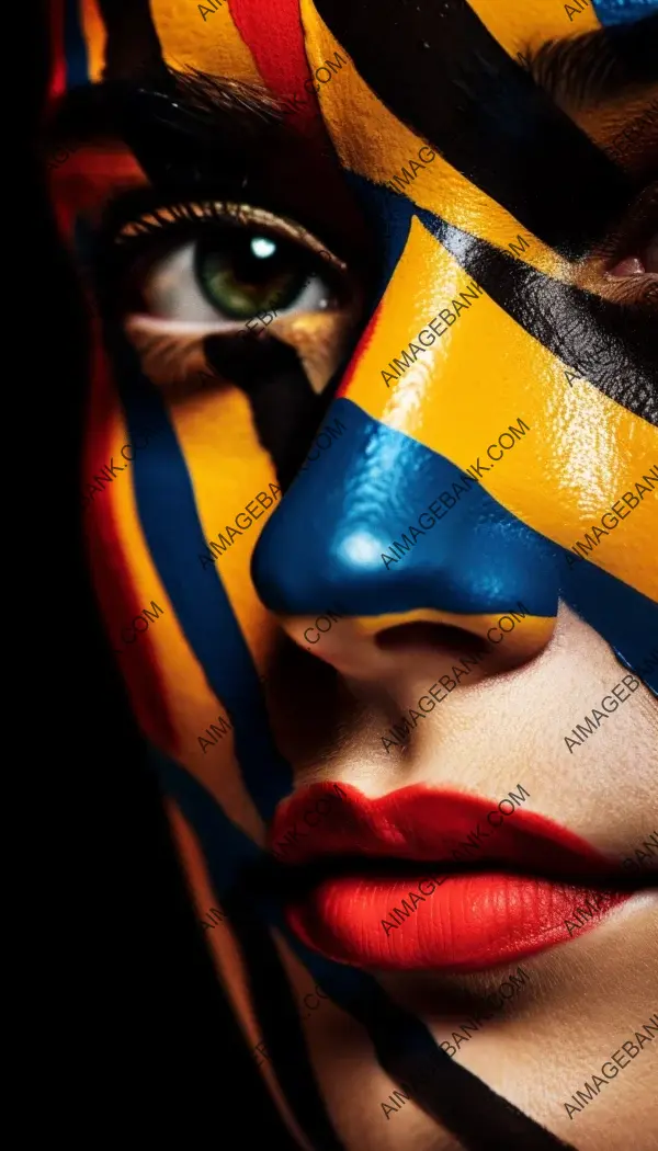 Vibrant face featuring angular shapes and striking paint