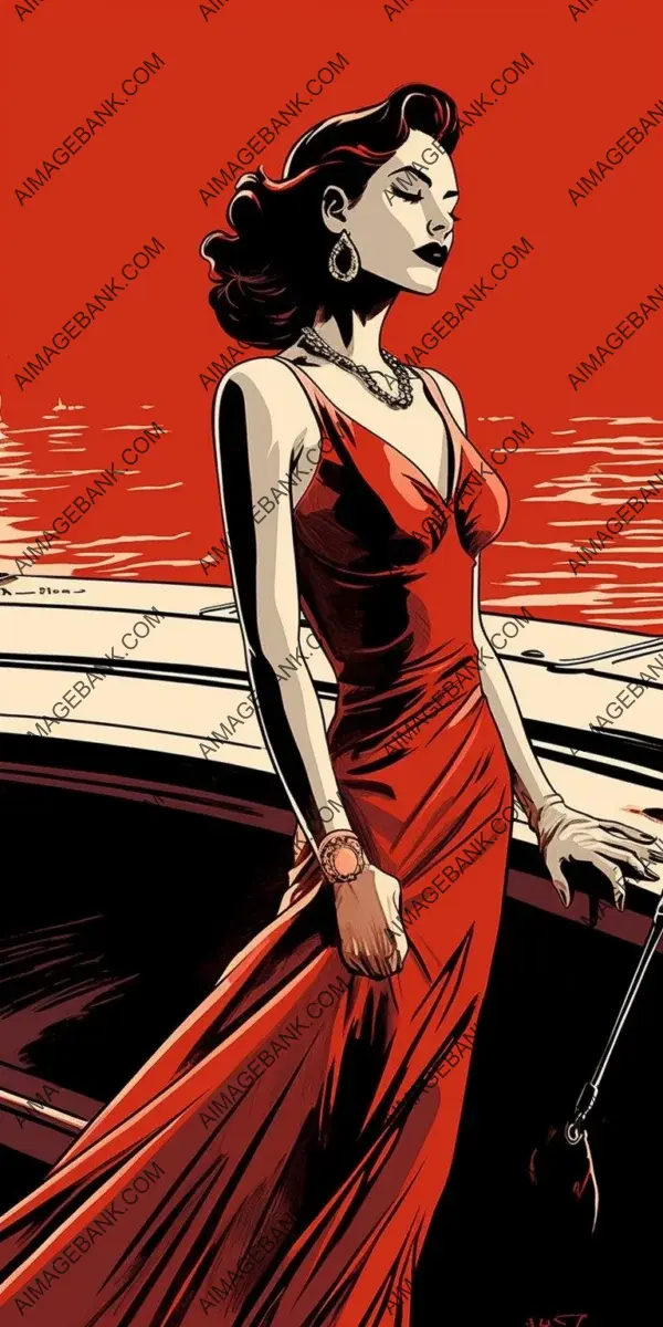 Illustration of a woman standing on a boat in a red dress