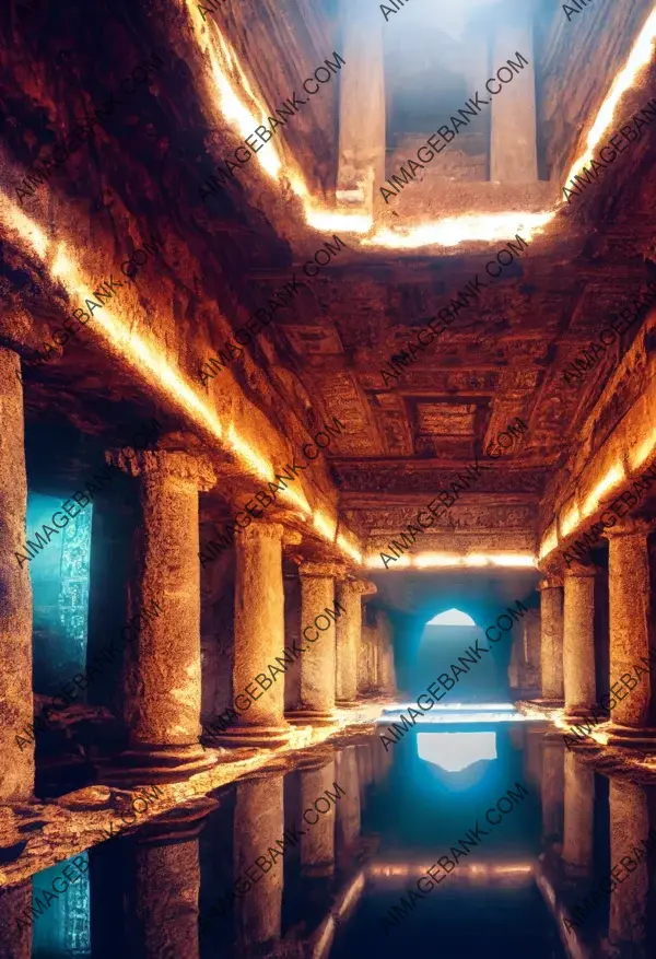 Secrets of the Earth: Underground Temple in a Dark Cavern with Crystals and Columns