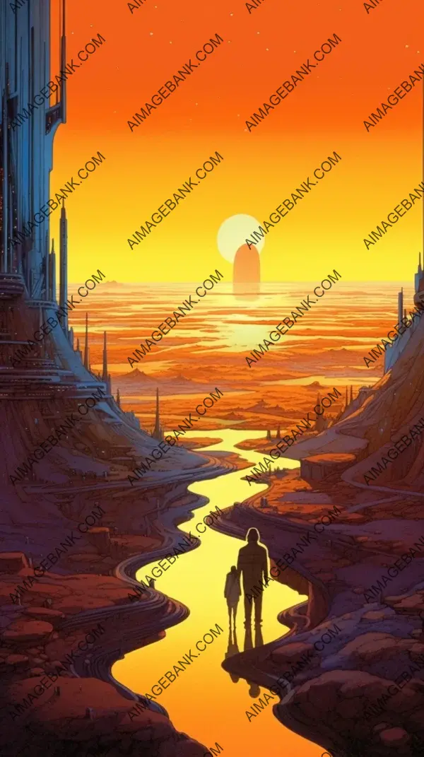 Artwork with clean lines depicting a sunset, embodying the spirit of humanity inspired by Moebius