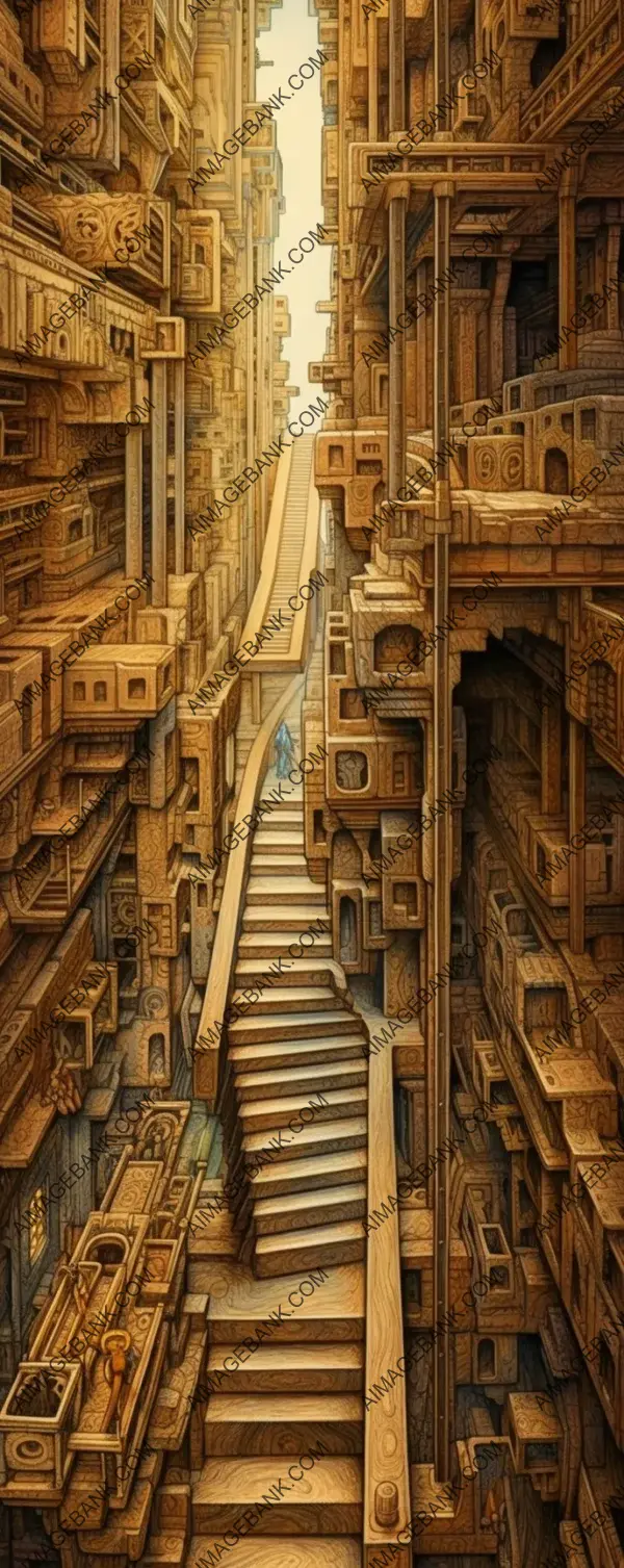 Intricate tridimensional maze stairway showcasing Escherian complexity