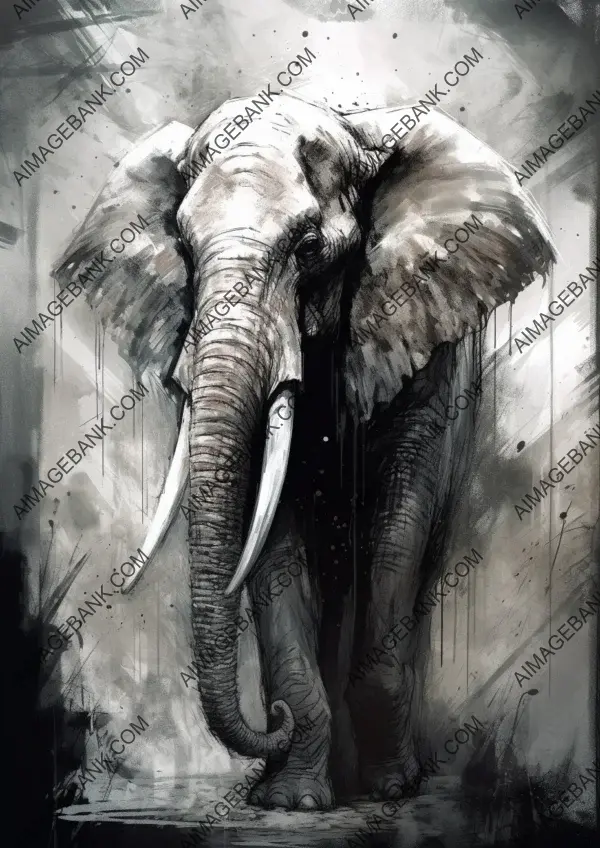 Elephant and its tusks in ink painting style