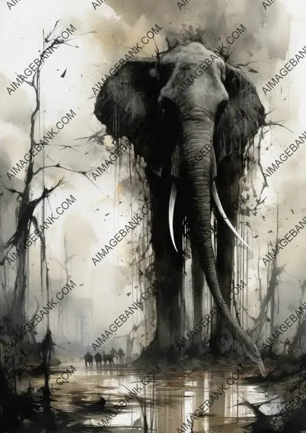 Ink painting of elephant and its tusks