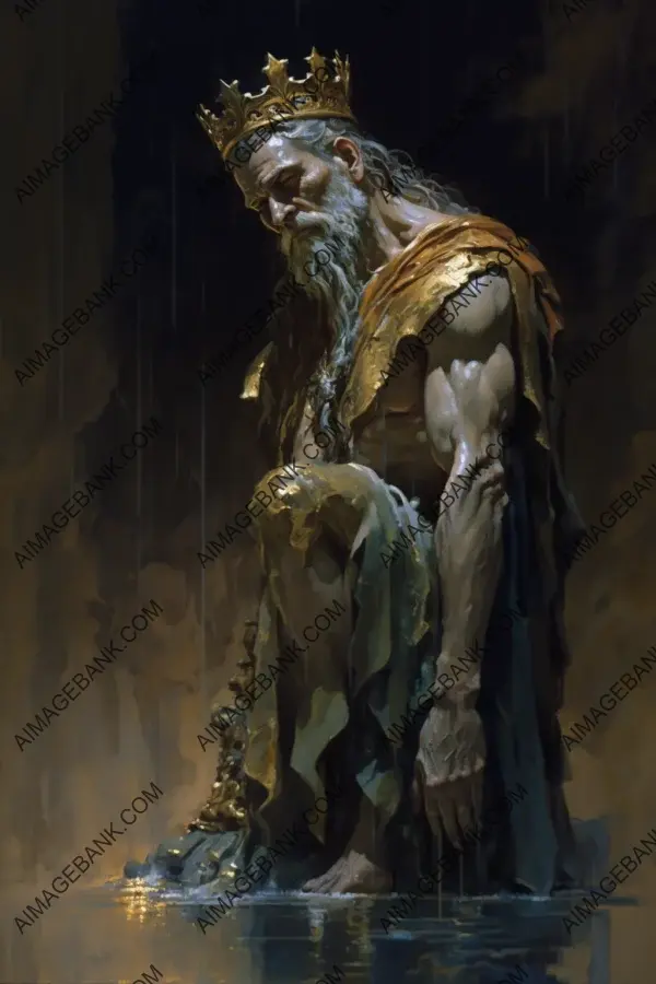 Profile shot showcasing anguish of weeping King Midas