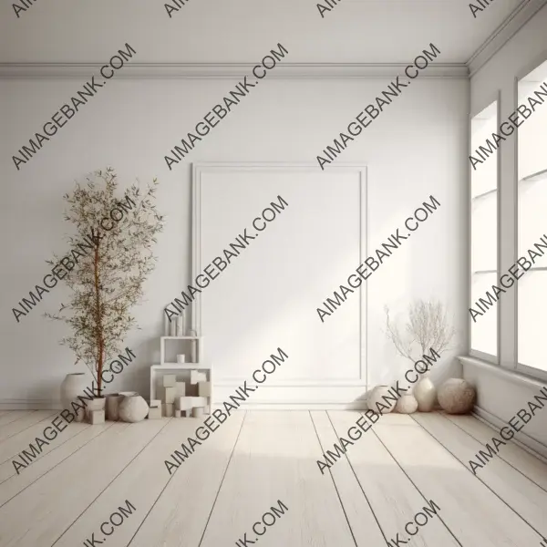 Trendy white room mock-up with wood elements