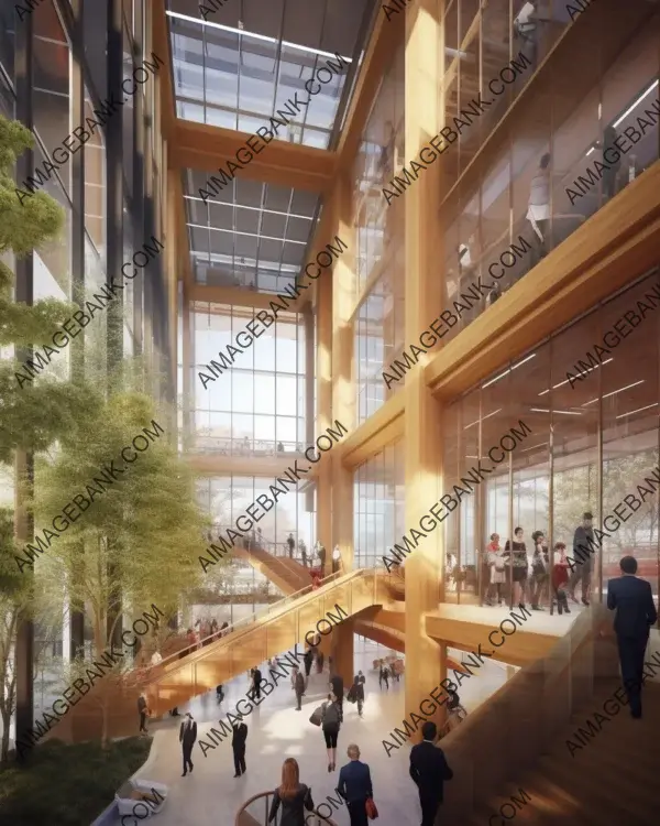 Lobby space in mass timber tower structure