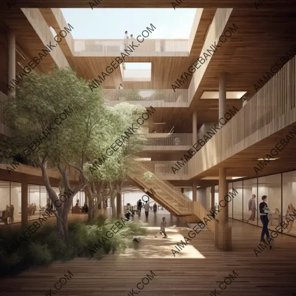 Building designs in a natural setting: Surrounded by trees and people