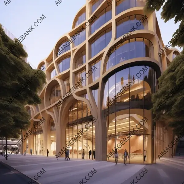 Entrance view of a timber library with organic branch elements