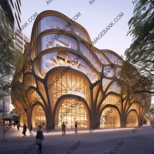 Organic branch timber library: Entrance view of a unique architectural masterpiece