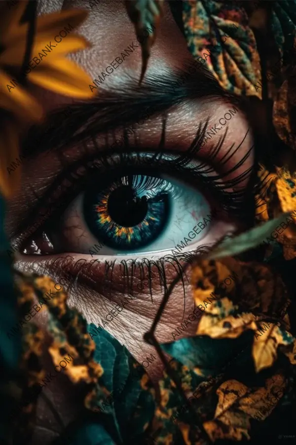 Artistic representation of a human eye adorned with leaves and flowers