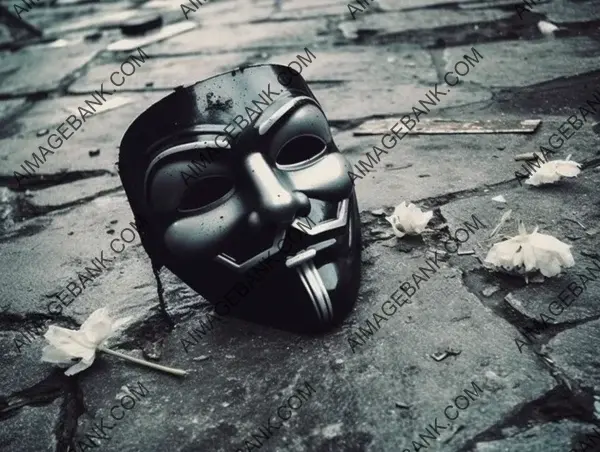 Vendetta mask broken into pieces in an abandoned setting