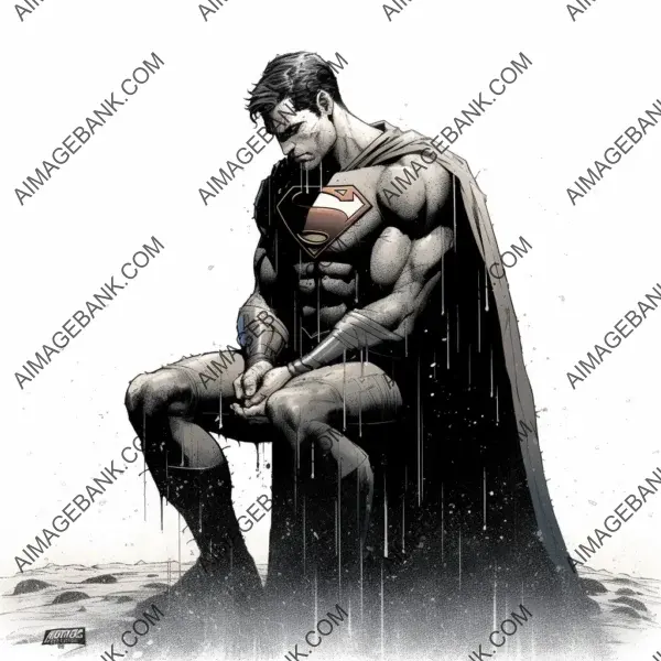 Emotional Superman Art: Sad Posture in Rain