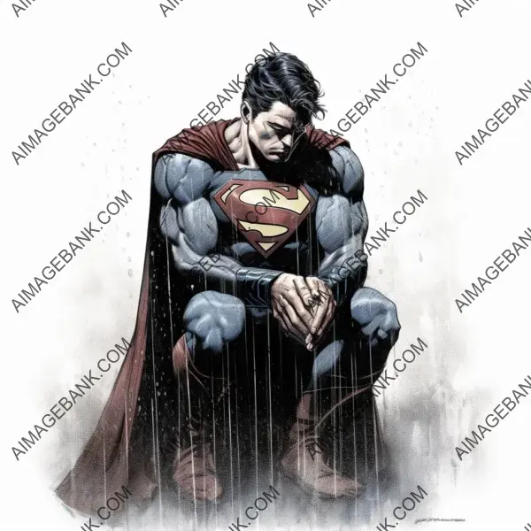 Sad Posture of Superman Amidst Dark Rain