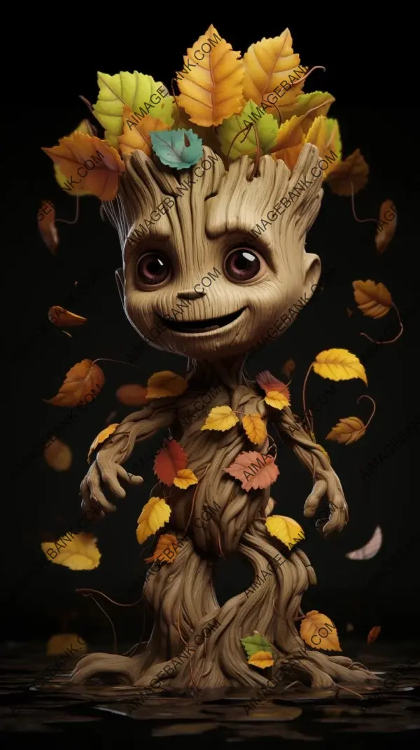 Captivating Autumn: Girl Riding Cute Cartoon Groot