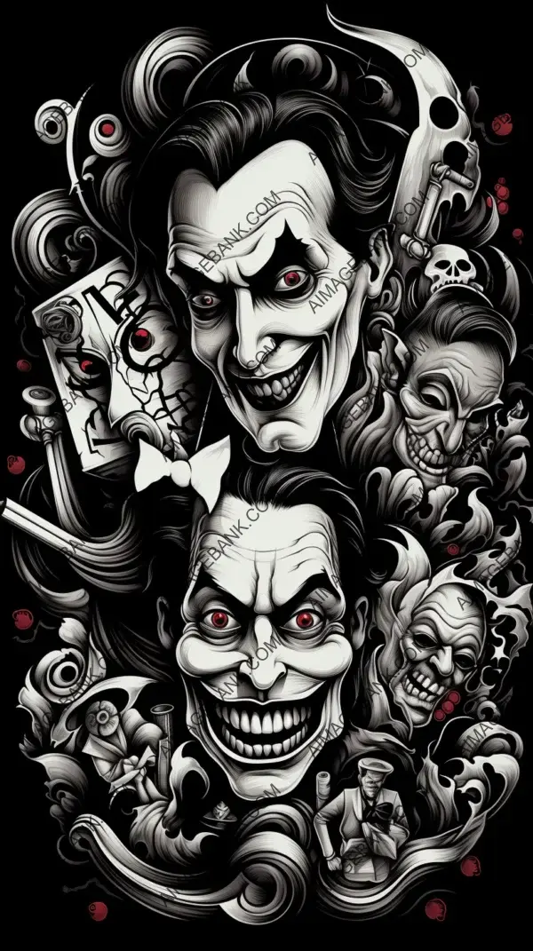 Black and white design showcasing two jokers