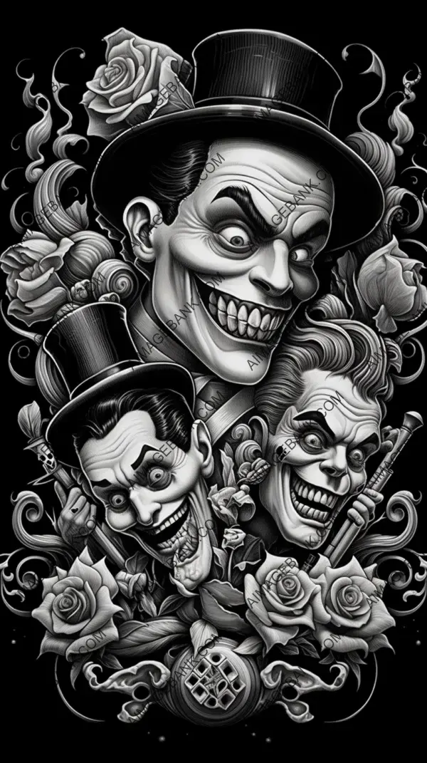 Two jokers depicted in black and white design