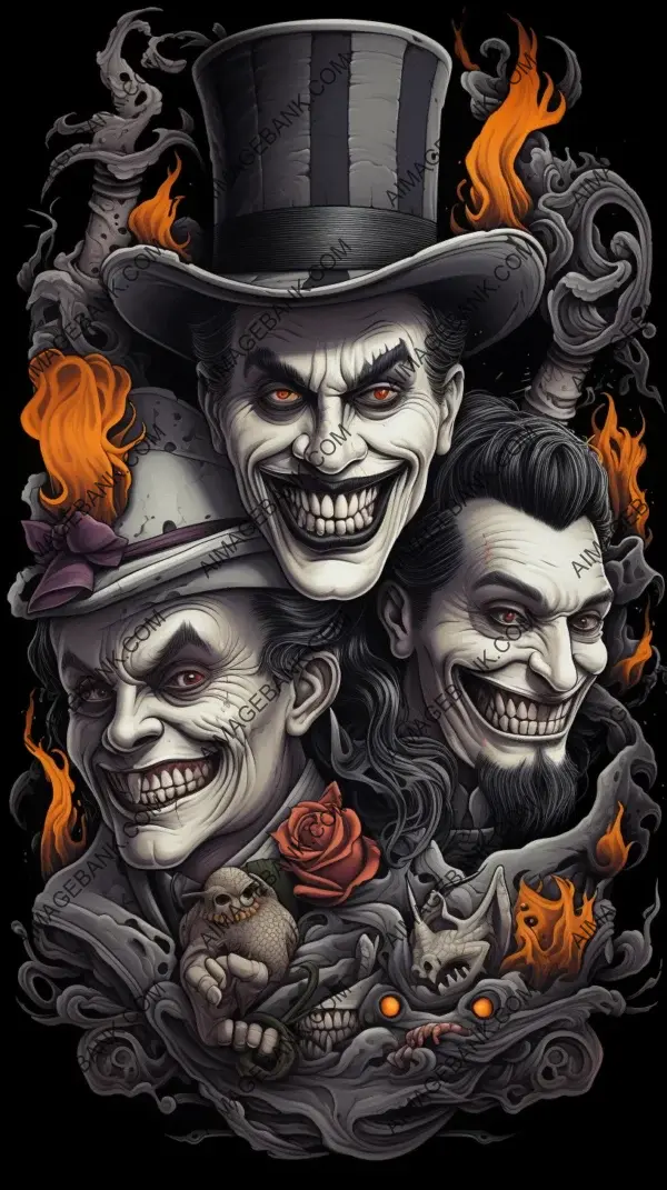 Two jokers featured in black and white design composition